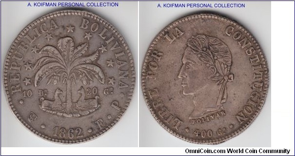 KM-138.6, 1862 Bolivia 8 soles, Potosi mint (PTS mintmark), FP assayer; silver, reeded and lettered edge; good very fine on both sides; scarcer high island variety (unlisted) - island with llamas is positioned higher, 10 in 10 Ds is well above the left dot and almost touching R in REPUBLICA.