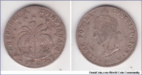 KM-138, 1863 Bolivia 8 soles Potosi mint, FP; good extra fine although it does have 2 rim nicks on obverse