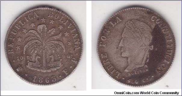 KM-138, another 1863 Bolivia 8 soles Potosi FP; this one is a darker very fine condition.