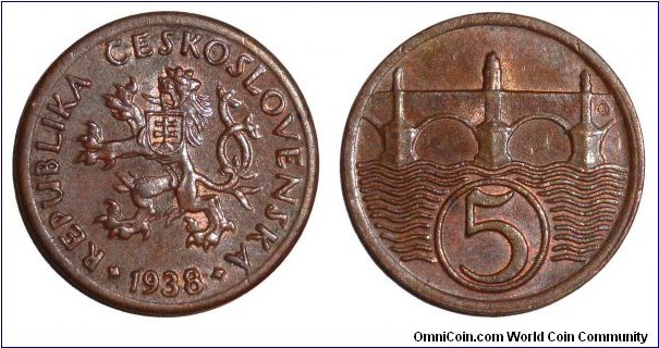 CZECHOSLOVAKIA (REPUBLIC)~5 Haleru 1938. Last issue before German invasion.