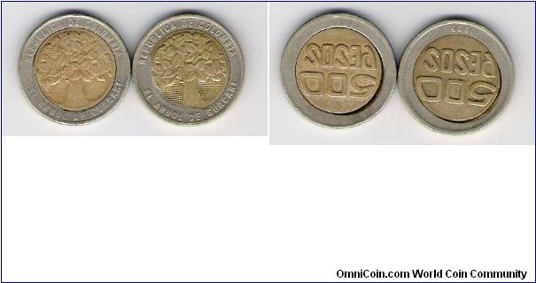 Colombia, 500 pesos off center error coin