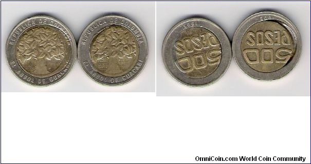 Colombia, 500 pesos off center error coin