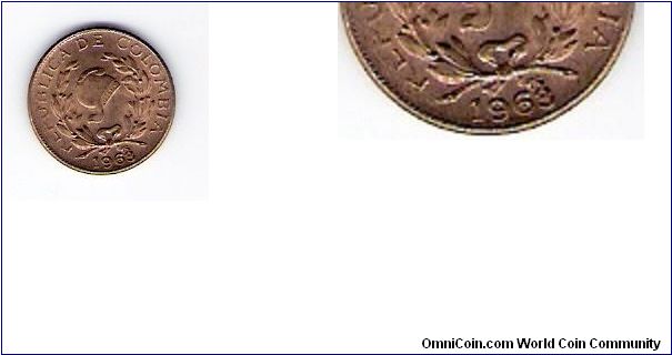 Colombia, 1 cent 1963 double 3/3 on date.
