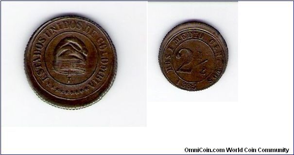 Estados Unidos de Colombia 2-1/2 cents 1885, off center and double die erro coin.