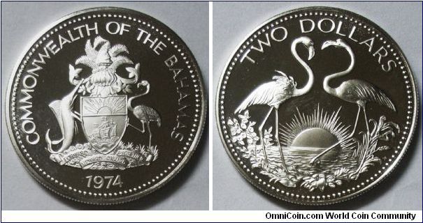Commonwealth of the Bahamas, 2 Dollars, 1974. Silver. PROOF.