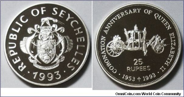 Republic of Seychelles, 25 Rupees, 1993. Subject: Coronation Anniversary of Queen Elizabeth II, 1953-1993. Silver. PROOF.