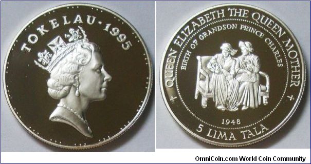 Tokelau, 5 Lima Tala, 1995. Subject: Queen Elizabeth the Queen Mother, Birth of Grandson Prince Charles, 1948. Silver. PROOF.