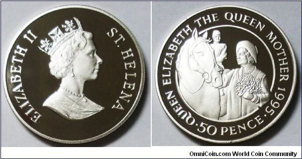 St. Helena, Queen Elizabeth II, 50 Pence, 1995. Subject: Queen Elizabeth the Queen Mother. Silver. PROOF.