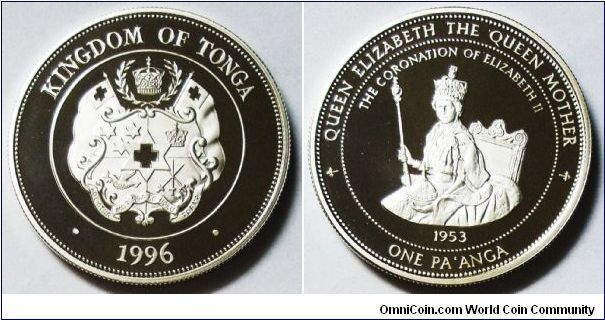 Kingdom of Tonga, One Pa'anga, 1996. Subject: Queen Elizabeth The Queen Mother, The Coronation of Elizabeth II, 1953. Silver. PROOF.