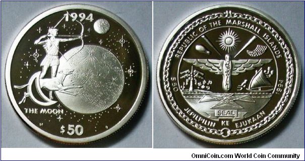 Republic of Marashall Islands, 50 Dollars, 1994. Subject: The Moon. Silver. PROOF.