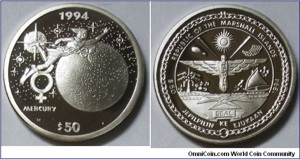 Republic of Marshall Islands, 50 Dollars, 1994. Subject: Mercury. Silver PROOF.