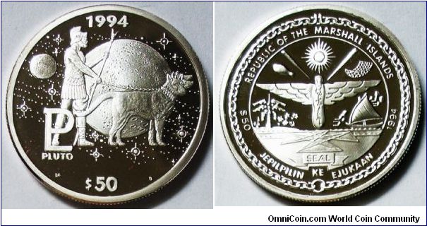 Republic of Marshall Islands, 50 Dollars, 1994. Subject: Pluto. Silver PROOF.