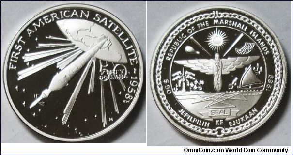 Republic of Marshall Islands, 50 Dollars, 1984. Subject: First American Satellite 1958. Silver PROOF.