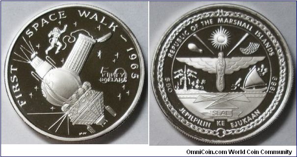 Republic of Marshall Islands, 50 Dollars, 1989. Subject: First Space Walk 1965. Silver PROOF.