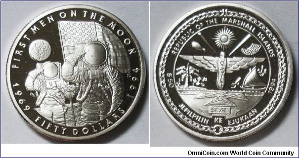 Republic of Marshall Islands, 50 Dollars, 1994. Subject: First Men On The Moon 1969. Silver PROOF.