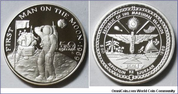 Republic of Marshall Islands, 50 Dollars, 1989. Subject: First Man On The Moon 1969. Silver PROOF.
