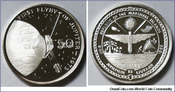 Republic of Marshall Islands, 50 Dollars, 1989. Subject: First Flyby of Jupiter 1973. Silver PROOF.