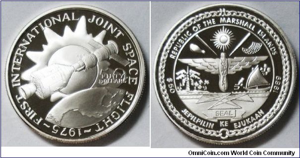 Republic of Marshall Islands, 50 Dollars, 1989. Subject: First International Joint Space Flight 1975. Silver PROOF.