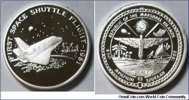 Republic of Marshall Islands, 50 Dollars, 1989. Subject: First Space Shuttle Flight 1981. Silver PROOF.