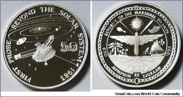 Republic of Marshall Islands, 50 Dollars. 1989. Subject: First Probe Beyond the Solar System 1983. Silver PROOF.