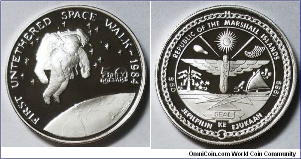 Republic of Marshall Islands, 50 Dollars, 1989. Subject: First Untethered Space Walk 1984. Silver PROOF.