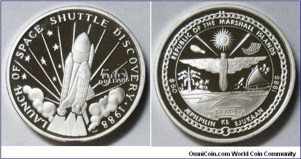 Republic of Marshall Islands, 50 Dollars, 1989. Subject: Launch of Space Shuttle Discovery 1988. Silver PROOF.