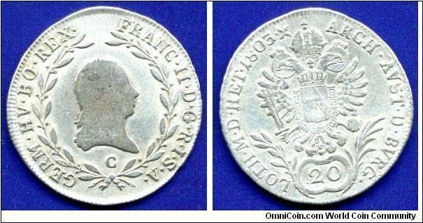 20 kreuzer.
(Zwanziger).
Francisc II (1792-1806) emperor of Holy Roman empire.
(C)Prague mint.


Ag583f. 6,68gr.