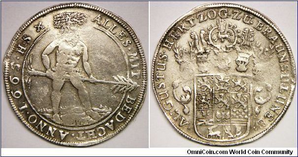 German states Brunswick-Wolfenbuttel Wildman taler, weak struck on both side, otherwise good very fine.