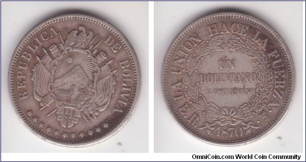 KM-155.2, 1870 Bolivia boliviano; reeded edge, good very fine to about extra fine for wear, wide wreath and Gms. with dot; unusual broken die on 0 in the date, not sure if this is a variety worth mentingin or not, at least not listed in Krause.
