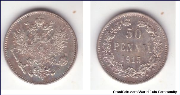 KM-2.2, Finland Grand Duchy (under Russian empire) 50 pennia; late empire coinage, quite common but nice luster, almost proof like in the fields.