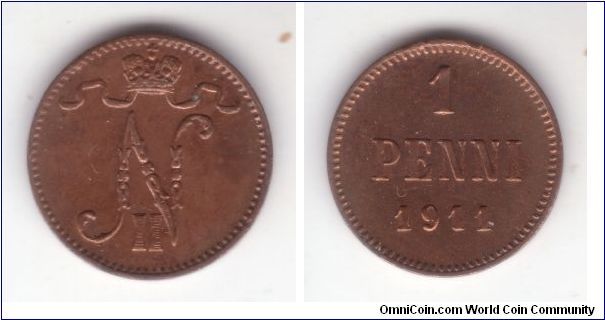 KM-13, 1911 Finland (Grand Duchy) penni; brown red average uncirculated with two edge knocks.
