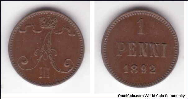 KM-10, 1892 Finland (Grand Duchy) penni; Alexander III, brown almost uncirculated; american grading would be MS61-62 I guess; die breaks on both sides making the left band under the crown reach out to the border