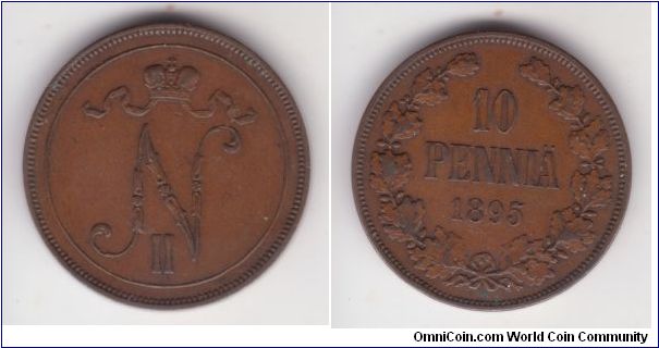 KM-14, 1895 Finland (Grand Duchy) 10 pennia; this large copper coin is in good very fine or slightly better condition. reddish with brown setting on
