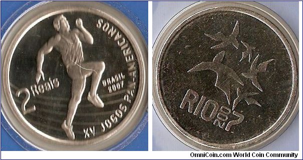 2 reais
XVth Pan American Games in Rio de Janeiro
copper-nickel
mintage 50,000