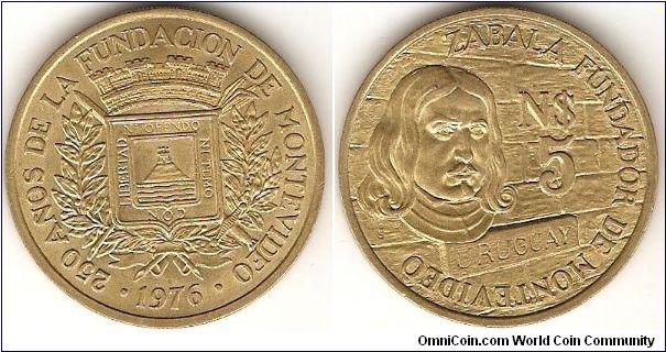 5 nuevos pesos
250th anniversary of founding of Montevidea; Zabala, founder of the city
copper-aluminum