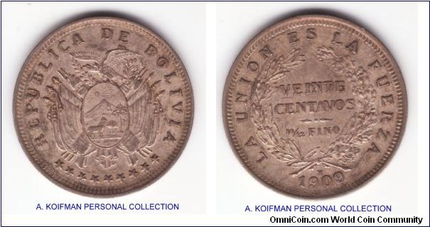 KM-176, 1909 Bolivia 20 (viente) centavos; silver, reeded edge; in good extra fine condition, Heaton (H) mint mark; overall evenly toned but luster still showing through
