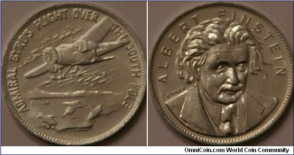 Albert Einstein & Admiral Bird's airplane, two coins from Shell's Famous Facts and Faces Game.