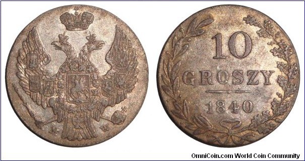 POLAND (CONGRESS KINGDOM)~10 Groszy 1840. Russian vassal.