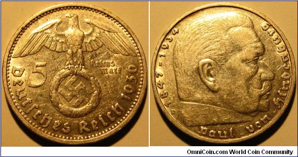 5 ReichsMark, Swastika, Nazi Period, Silver