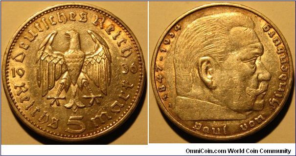 5 ReichsMark, Nazi Period, Eagle & Von Hindenburg, Silver