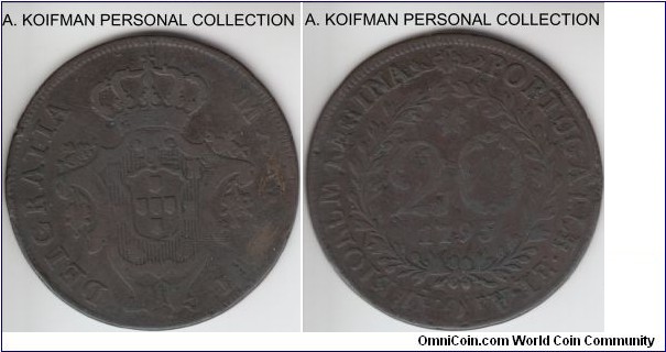 KM-3, 1795 Azores 20 reis, copper, plain edge; in very good condition with substantial wear all over but mostly discernable details; it may be an overstrike as there appear to be some letters around MARIA I but not enough to be positive.