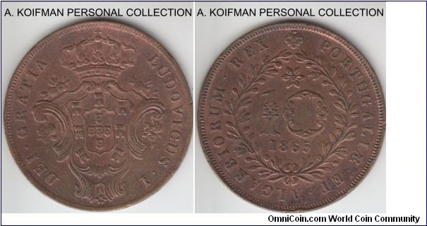 KM-14, 1865 Azores 10 reis; copper, plain edge; very fine or better for wear, most likley cleaned in the past and retoning, it is very slightly off-center and also ~10 degreed rotated dies.