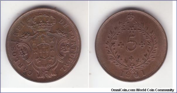 AZ01A
KM-16, 1901 Azores 1901 5 reis; copper, plain edge; brown uncirculated or almost.