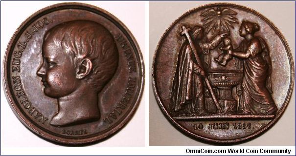 Napoleon IV. Baptism Medal: Obv. NAPOLEON EUG.L.J.JOS. PRINCE IMPERIAL. Rev. Baptism scene. 14 JUIN 1856. by Borrel 24mm copper.