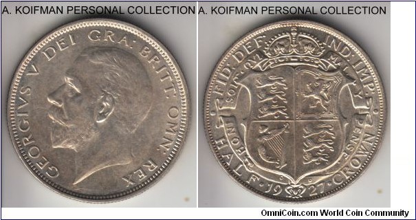 KM-830, 1927 Great Britain half crown; silver, reeded edge; nice, extra fine to about uncirculated, weakly struck though.