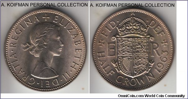 KM-907, 1963 Great Britain 1/2 crown; copper-nickel, reeded edge; late Elizabeth II business pound coinage was saved in big numbers, so common, but decent uncirculated and bright white nevertheless.