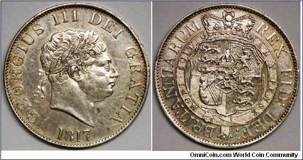 George III (Small Head), Half Crown, 1817. Obverse: Small, regular laureate bust of King facing right. Reverse: Crowned garter and shield. 14.1380 g, 0.9250 Silver, .4205 Oz. ASW. Mintage: 8,093,000 units. XF.