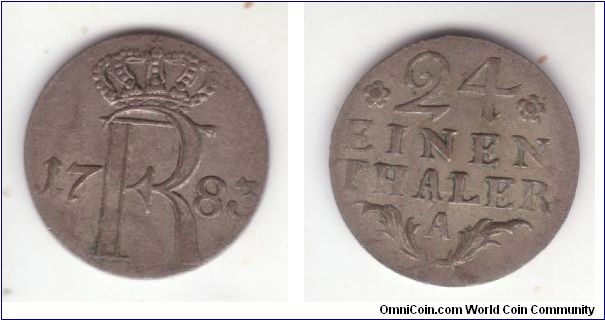 KM-15 (?), 1783 Prussia 1/24'th of a thaler in good very fine condition or so it looks to me.