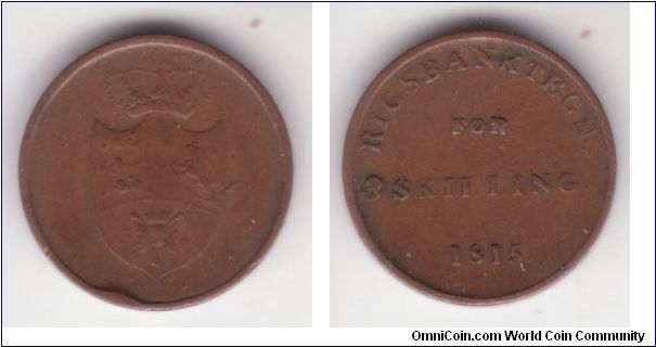KM-Tn5, 1815 Denmark 3 Skillings token, copper; looks about fine to me.