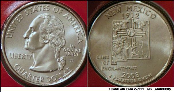 New Mexico 47th state. 'features a Zia sun symbol over a topographical outline of the State' (ref. usmint.gov) 24.3mm, Cu-Ni
